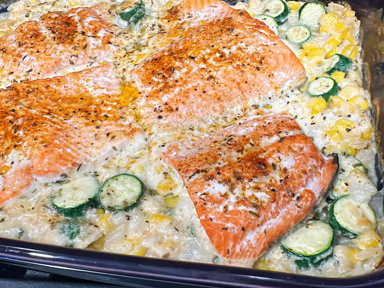 One-Pan Creamy Baked Salmon and Orzo